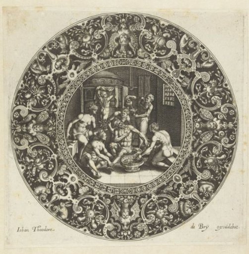 Dish with a border of grotesques, animals, fruit clusters and cherubs on a black ground