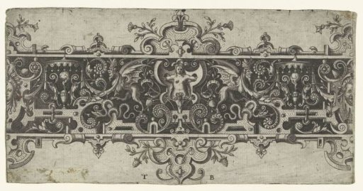 Scrollwork along a frieze with a female herm in front of scrollwork