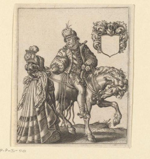 Coat of arms template with a rider taking leave of his wife