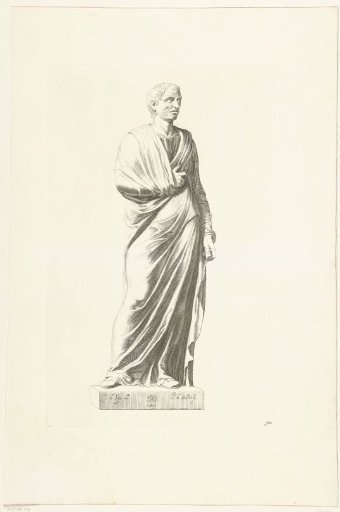 Statue of a standing man in a toga with a scroll