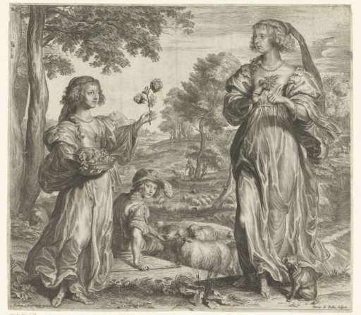 Woman and girl with flowers in a landscape with shepherd and sheep