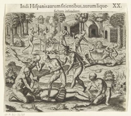 Native Americans pour molten gold into a Spaniard's mouth