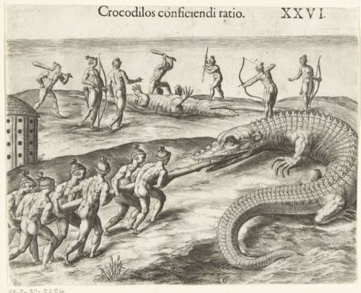 Native Americans catch a crocodile