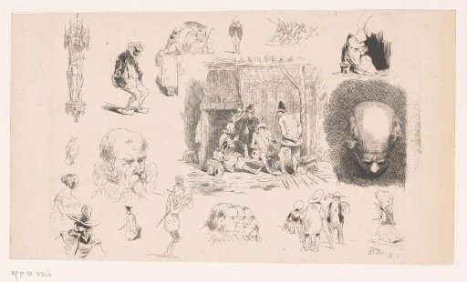 Studies of figures, a statue of Mary and an interior