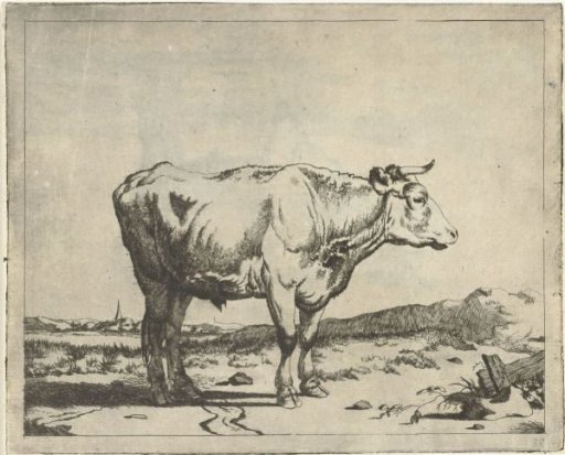 Bull, to the right, with a church tower in the background