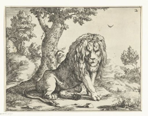 Lion sitting by a tree