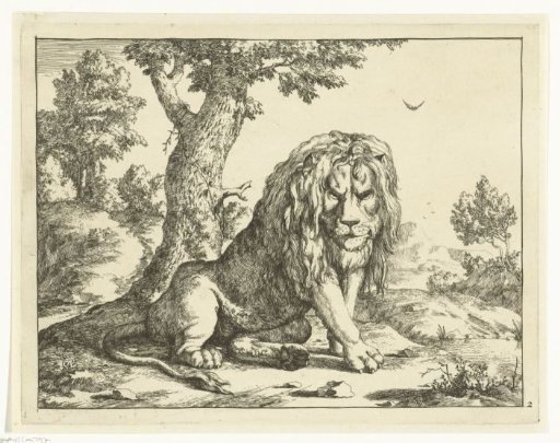 Lion sitting by a tree