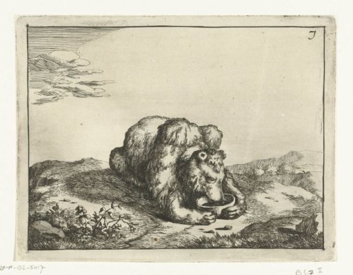 Lying bear, from the front, both paws around a bowl