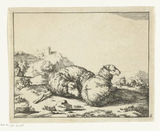 Two sheep lying down, mountain village in the background