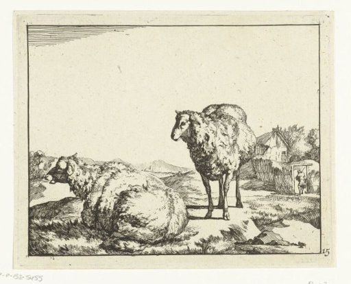 Standing and lying sheep with farm in the background