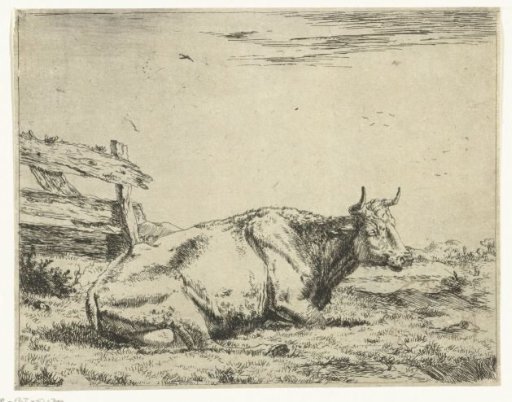 Resting cow by a fence