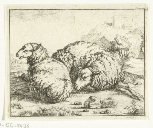 Two sheep lying down, mountain village in the background