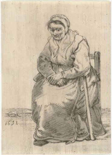 Old Woman with a Crutch Sitting on a Chair