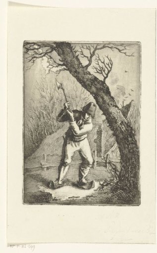 Man with axe near tree in front of farmhouse