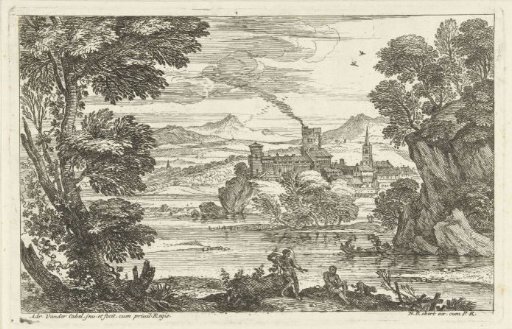 Landscape with dog at the water's edge