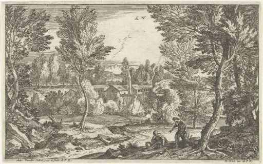 Landscape with man sitting on a tree stump