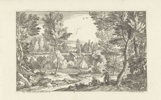 Landscape with man sitting on a tree stump