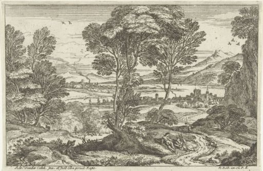 Landscape with resting couple along a path