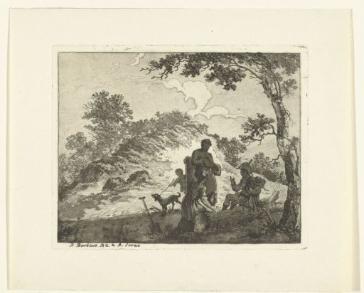 Landscape with soldier in conversation with man and woman and playing boy with dog