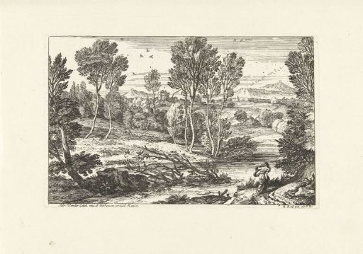 Landscape with woman walking along a river