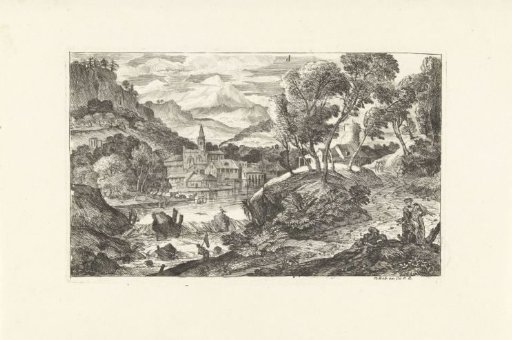 Landscape with waterfall and village
