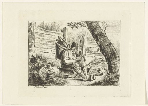 Seated man with basket on back