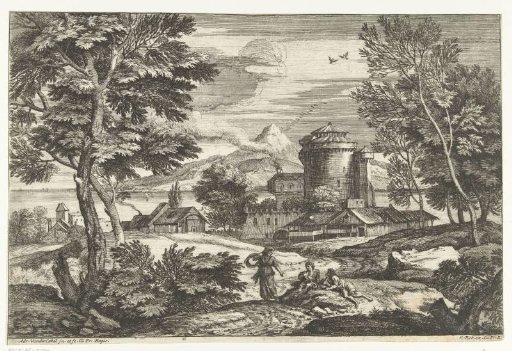 Landscape with three persons near a village