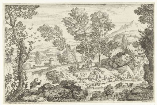 Landscape with a waterfall and various animals