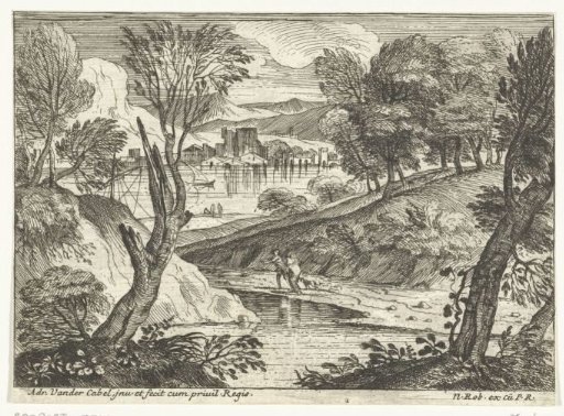 Two figures walking along a river