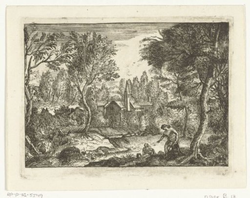 Landscape with a man sitting on a tree stump