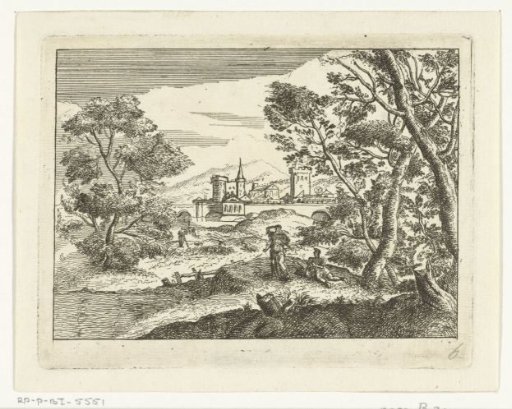 Landscape with a man, woman, and city view