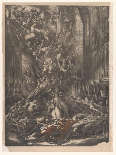 Satan with demons in a Gothic cathedral