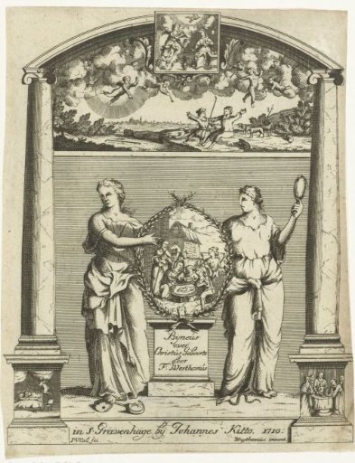 Two women showing a medallion with the Adoration of the Shepherds
