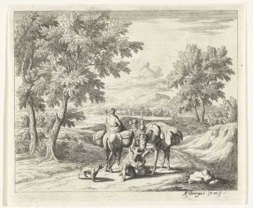Landscape with a muleteer tending to a mule's hoof