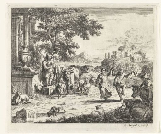 Landscape with a dancing man and woman and a bagpiper near ruins