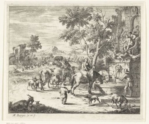 Landscape with a woman on a horse drinking at a fountain