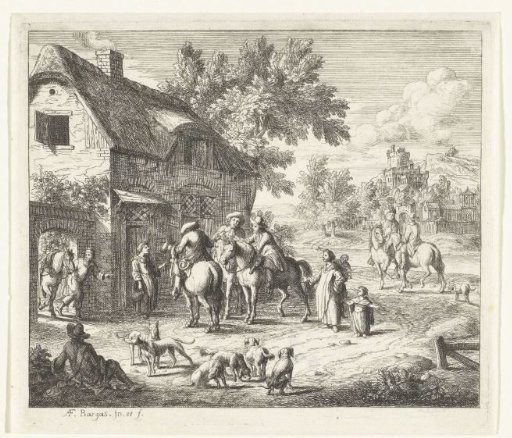 Landscape with three hunters on horseback and dogs in front of an inn