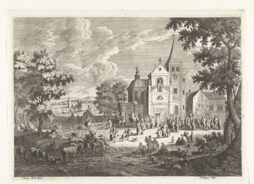 Village view with a church where a clergyman waits for the bridal couple
