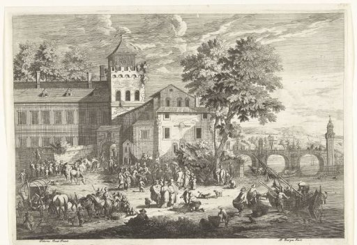 City view with a market in front of the city gate