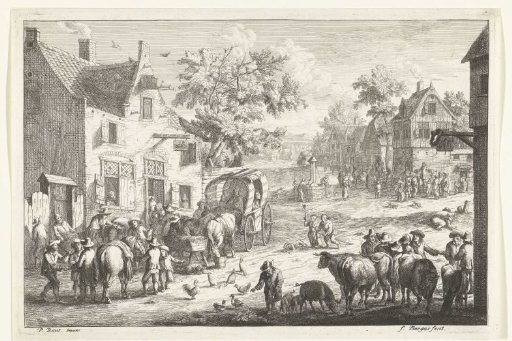 Village view with cattle traders and travelers in front of an inn