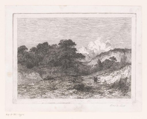 Hilly landscape with woodland and two figures