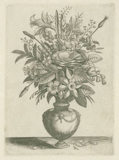 Vase with flowers, including trumpet daffodils