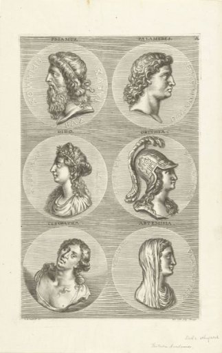 Six coins with portraits of men and women from classical antiquity and mythology: letter A
