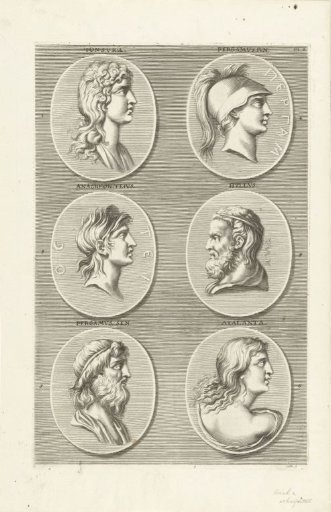 Six coins with portraits of men and women from classical antiquity: letter PL B