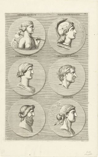Six coins with portraits of men and women from classical antiquity: letter BL C
