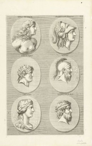 Six coins with portraits of men and women from classical antiquity: letter BL D