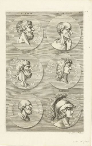 Six coins with portraits of men from antiquity and mythology: letter BL E