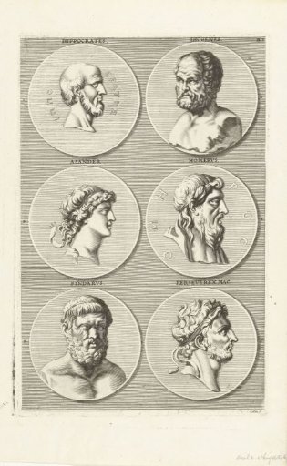 Six coins with portraits of men from antiquity: letter BL F