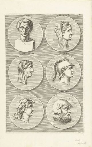 Six coins with portraits of men and women from classical antiquity: letter G