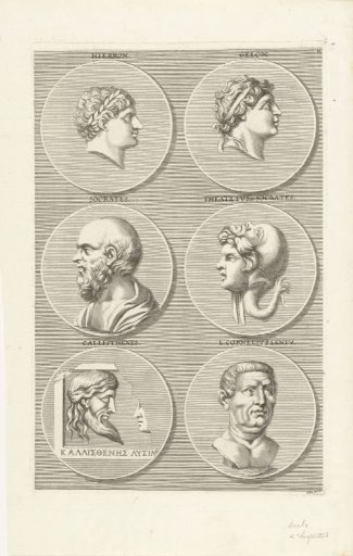 Six coins with portraits of men and women from classical antiquity: letter H